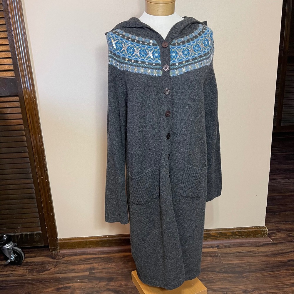 Carole Little Petite PXL Gray Lambswool Fair Isle Hooded Long Cardigan Sweater